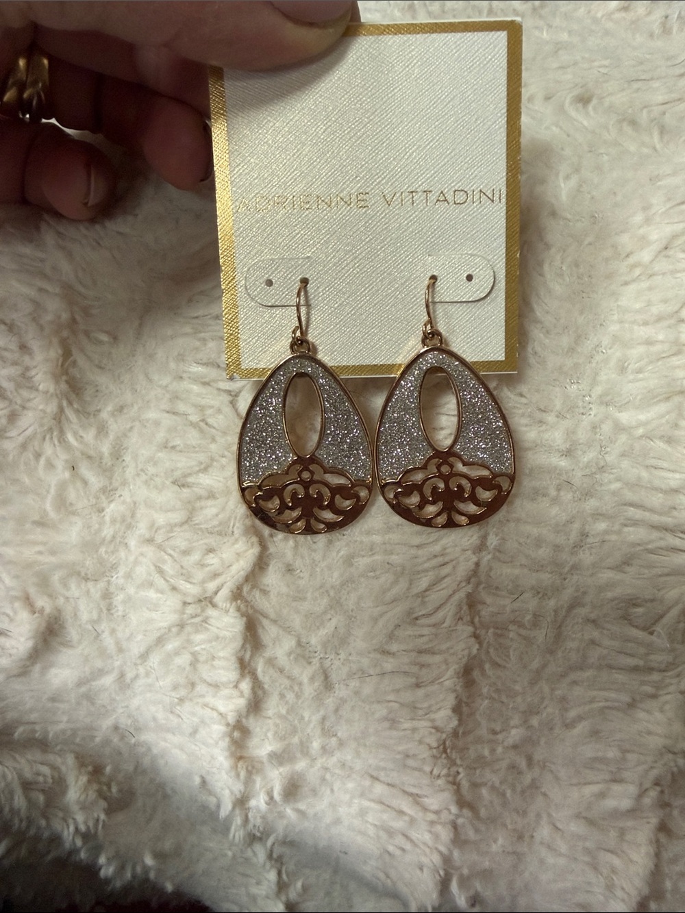 Adrienne Vittadini Rose Gold and Silver Glitter Teardrop Dangle Earrings